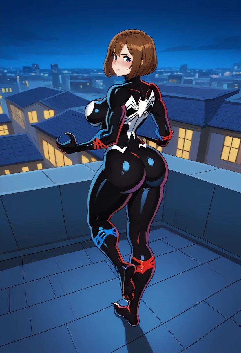 masterpiece, best quality, 8k, highres, 1girl, night, seductive smile, large breasts, tight suit,
