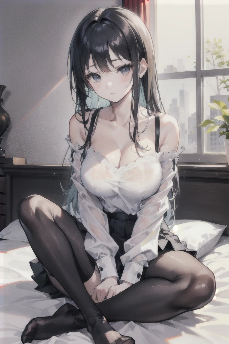 a girl with a small t-shirt that does not cover the bottom of the breasts, mini skirt, seen from the floor, the lower part of the breasts is seen (long stockings or pantyhose), (upskirt), medium breasts, with open legs, ((contra-detailed shot)), ((very detailed)), (perfectly detailed face), (detailed hand), photorealistic image.