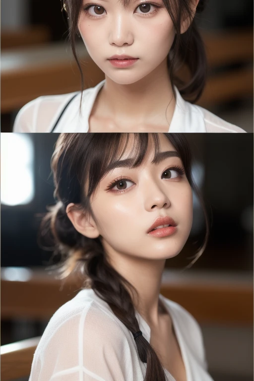 (masterpiece:1.3), high resolution, ultra detailed, extremely detailed CG unity 8k wallpaper, realistic, photo-realistic, RAW photo, beautiful detailed face, pale skin, realistic glistening skin, detailed cloth texture, detailed hair texture, Perfect body, Beautiful Face, accurate, Anatomically correct, Highly detailed face and skin texture, natural neck length, (beautiful hands), (fair skin:1.1), (well-aligned teeth:1.1), (Sweaty skin:1.2), 
BREAK, 
Detailed eyes, symmetric eyes, Light Brown eyes, Double eyelids, Thin eyebrows, (Glossy lips:1.4), ((A face with waiting for a kiss:1.2)), (blush:1.1), (A sparkling small hair accessory:1.1), 
BREAK, 
(A classy and Cute woman1.3), (, , :1.4), 
BREAK, 
medium large , slender figure, firm abs, 
((ponytail, Dark blonde hair, wavy hair, long hair, asymmetric bangs:1.2)),  (cowboy shot:1.2), (looking at viewer), , From above, 
BREAK, 
((Sitting side by side on the classroom)