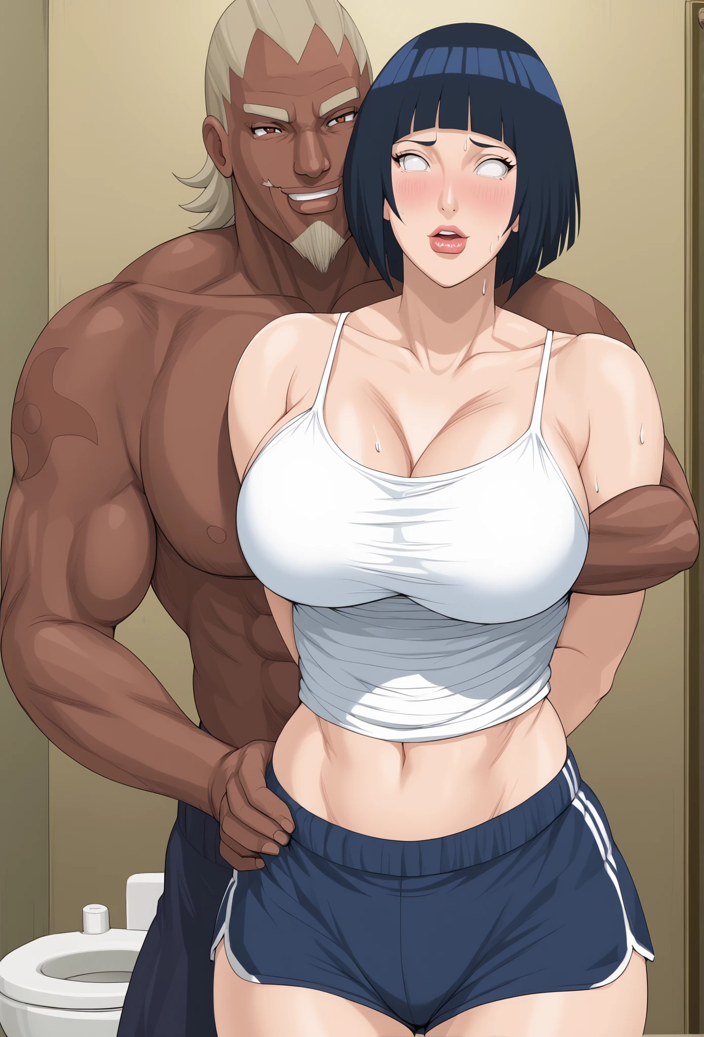 score_9, score_8_up, score_7_up, score_5_up, score_4_up, source_anime, tag1, tag 2, 最High Quality, High Quality, details, high definition, 8k, 超high definition, Soft Saturation, Professional Quality, perfect contrast, perfect lighting, anatomically accurate, Big Breasts, wide waist, huge ass, sensual woman in the park toilet, Mature Woman女性, Mature Woman, maternal, Hikata is a woman with a tall athletic build. , black hair、short bob hair, hyper clevage, camisole, gym shorts, perfect muscular athletic abs, Lick Your Lips, Beloved Face, Blush, red cheeks, embarrassing, room, wariza, realistic sexual scene with passionate expressions after a woman is mixed with aphrodisiac drugs after drinking alcohol, 4th _Raikage's hand Squeezing Breasts From Front, 4th _Raikage's hand Groping Breasts From Front, 4th _Raikage's hand nuru Massaging Breasts From Front, interracial foreplay scene, 4th _Raikage's Point Of View, taken from the front, ((bouncing chest : 1.4)), ((Bouncing As a result of being squeezed by 4th _Raikage's ))., white eyes、Hyuga Hinata、White Tank Top、 sheer tank top、sweat , nude