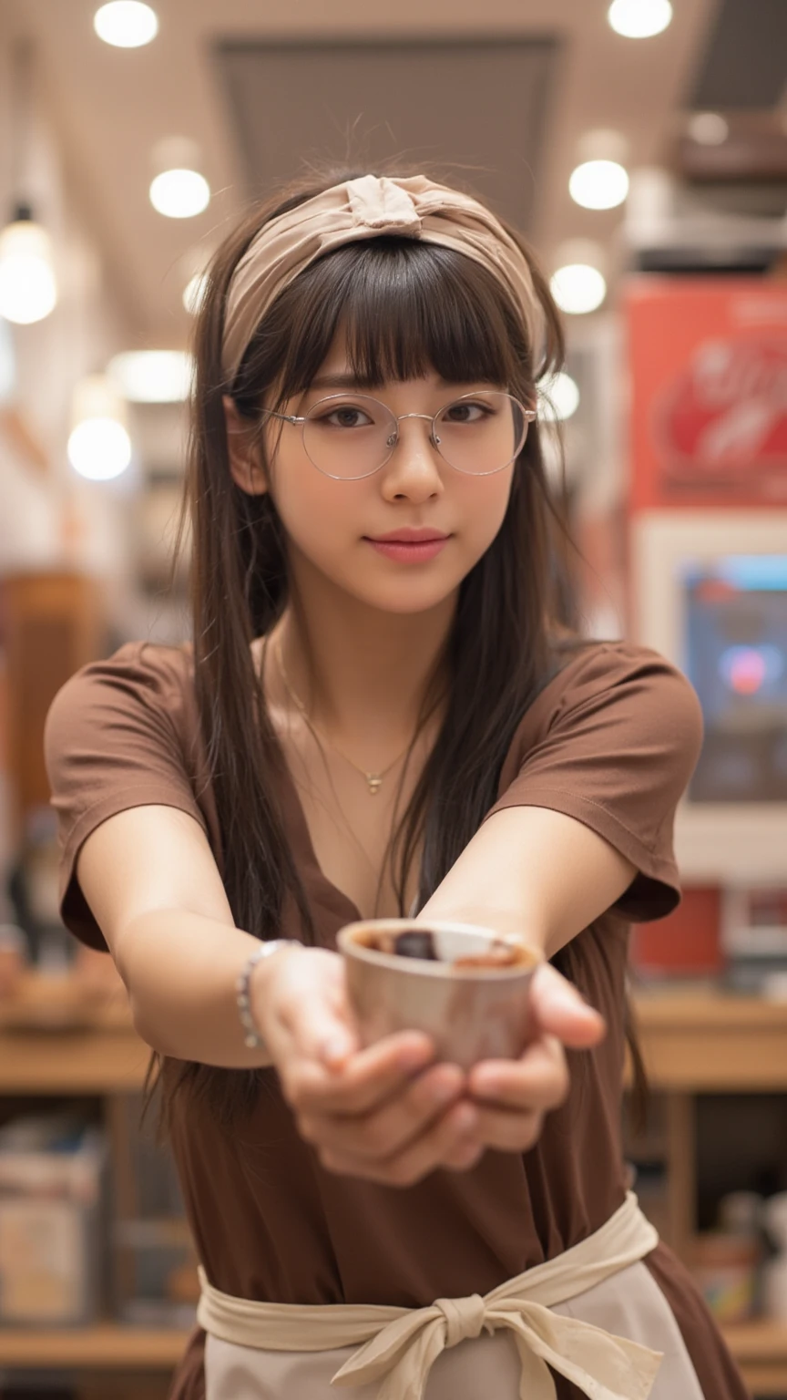 highest quality, Pieces fly, Ultra-high resolution, (that'Photorealistic:1.4), RAW Photos, 1 girl, ((Cafe staff)),((Cute Uniform)),(white t-shirt and jeans)),((beige apron)), Hair tied up, Plain black newsboy cap,Slender body,Fine grain,(Realistic eyes),繊細なface,realsK-san in,Detailed Hair,Detailed sKさんin, Very large breasts, Always wear glasses, かわいらしいface, face, Blowjob, Holding an invisible cylindrical object and bringing it close to his mouth, Kneel, Close ~ eyes, Side angle