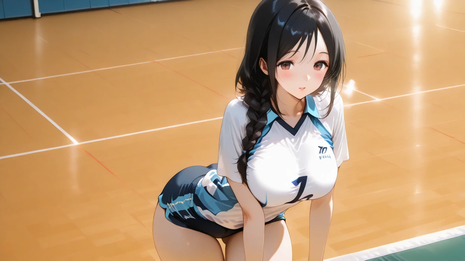 （8K ，hyper-detailing，ultra real photo，Best masterpiece，natural，Perfect artwork，Perfect female body），Sexy female volleyball player、short black wavy hair、super fit volleyball uniform、low chest，open neck collar，Wear volleyball shorts、an sexy、ssmile、Sexy pose on volleyball court，humongous large breast，，Beautiful long legs，Tall figure，Full body photo，