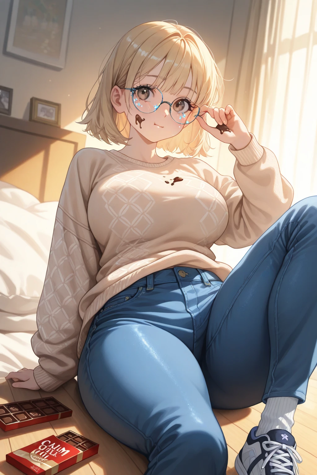 (masterpiece, best quality:1.2), solo, Android 18 from Dragon Ball, ((light gray baggy crop T-shirt, short sleeve, black thin thigh highs, spread legs, beautiful butt, gray dolphin pants)), small breasts, short blonde hair loose, ((close eyes)), (wearing glasses), earrings on earlobes, slender feminine figure, skinny body, cleavage, light blush, chill, organized, simple, white-based interior, a few plants, cloudy sky, terrace, magnificent view, blur background, 4K, on the cute chair, (pale blue chair), midriff-baring, beautiful armpits, pantyshot, arms up behind,