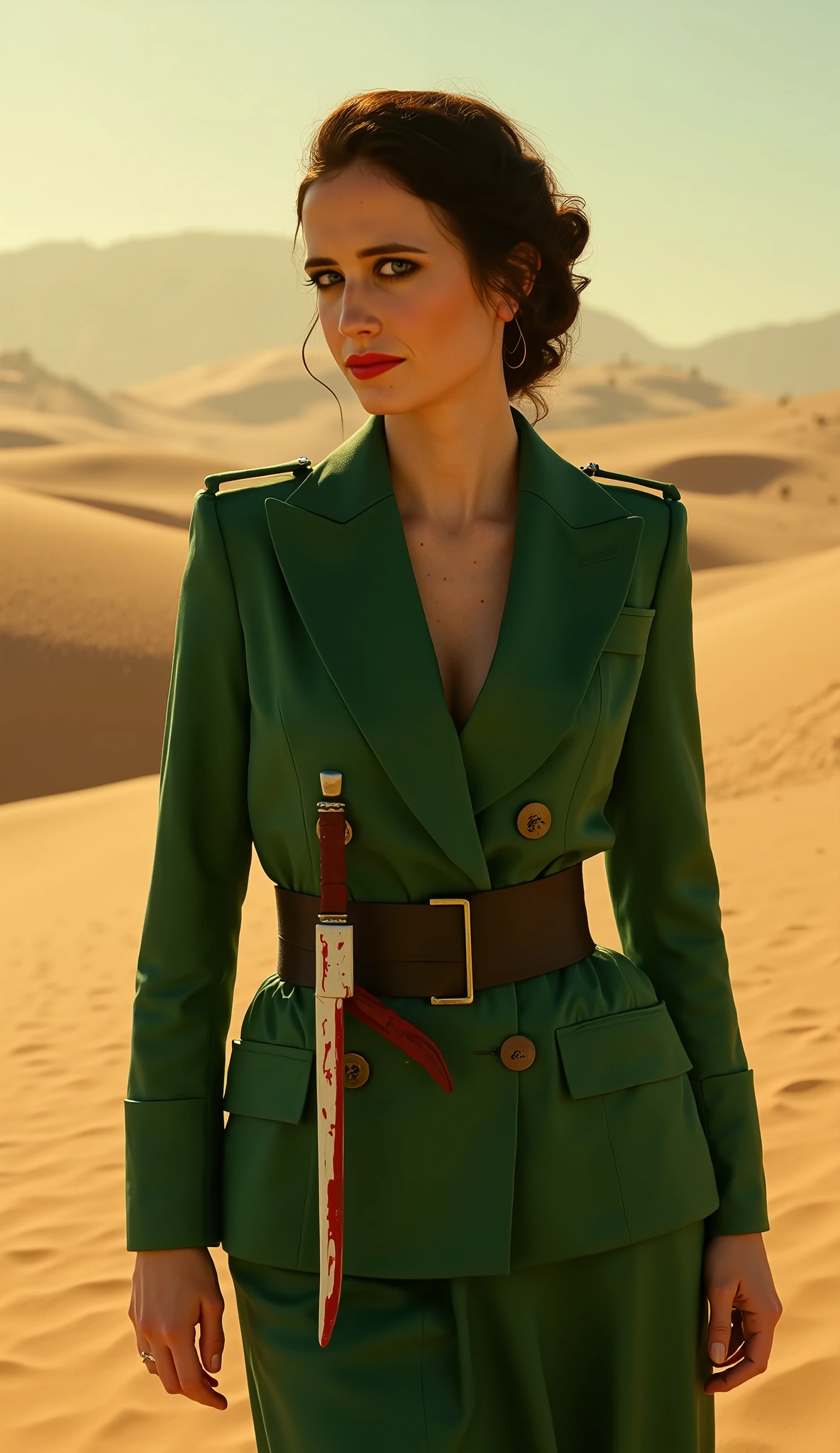 Eva Green jacket smoking amarelo Fundo: Dorne desert landscape. Detalhe: holding a curved dagger with venom dripping.