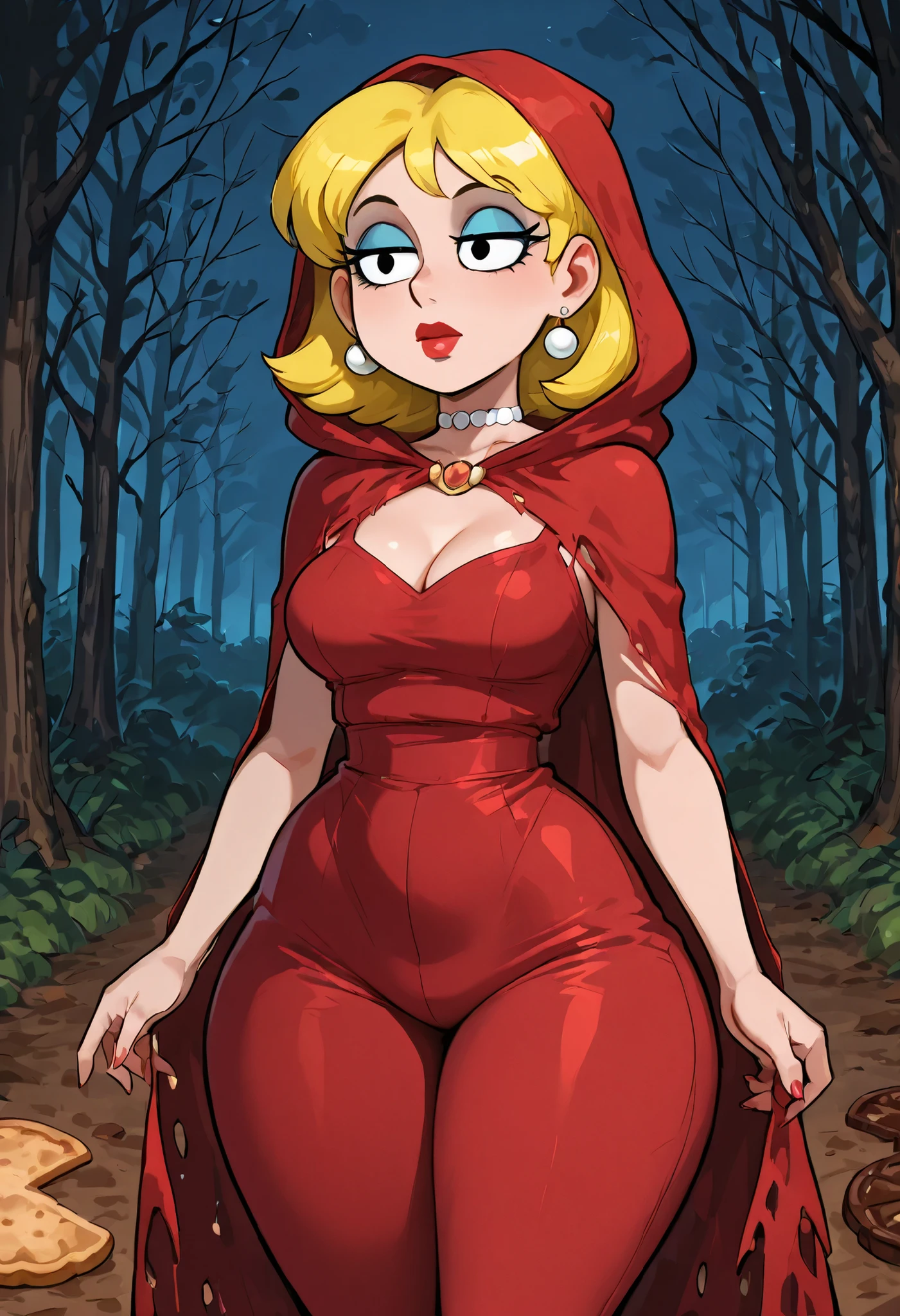 Lori Loud. medium breasts, huge hips, blonde hair, black eyes, blue eyeshadow, pearl earrings, white earrings. choker.| g0s1, ultra high res, beautiful, visually stunning, elegant, chocolate-mushroom on cracker, hood, torn cloak, woods, night,