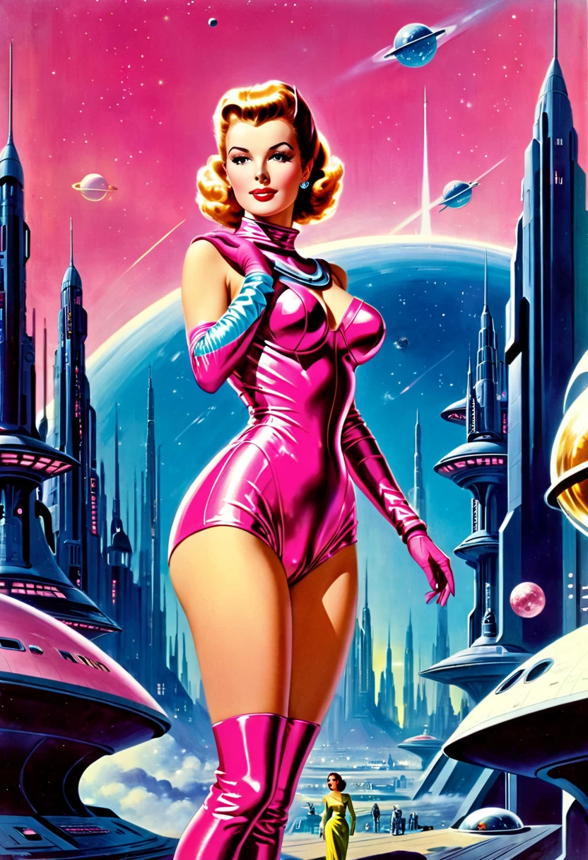 retrofuturism, 1950s pulp magazine cover style, a beautiful extraterrestrial woman coming out of a spaceship