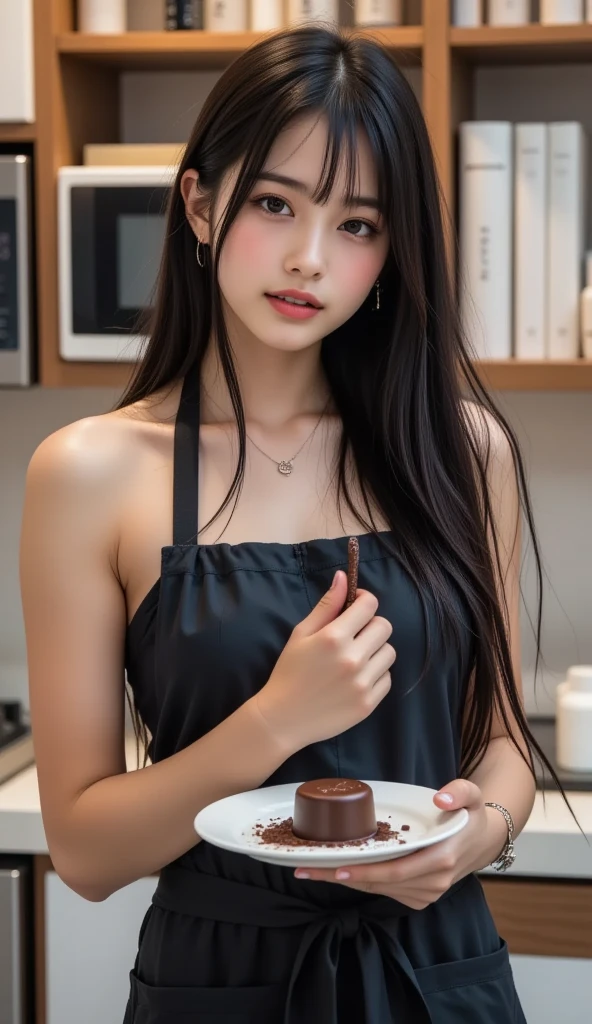 young asian woman, healthy and glowing appearance, prepara um lanche nutritivo em sua cozinha, turning his attentive and calm gaze towards the camera.