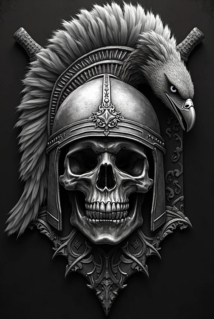 a skull with wings and a helmet on a white background, insignias militaryes, military designy, patch design en el hombro, con un emblem de águila, military, very detailed illustration”, insignia, Skull design for a rock band, bg white, emblem, the angel of death with a halo, very detailed illustration, patch design, skull image on vest, Very detailed black and white with the colors of Venezuela