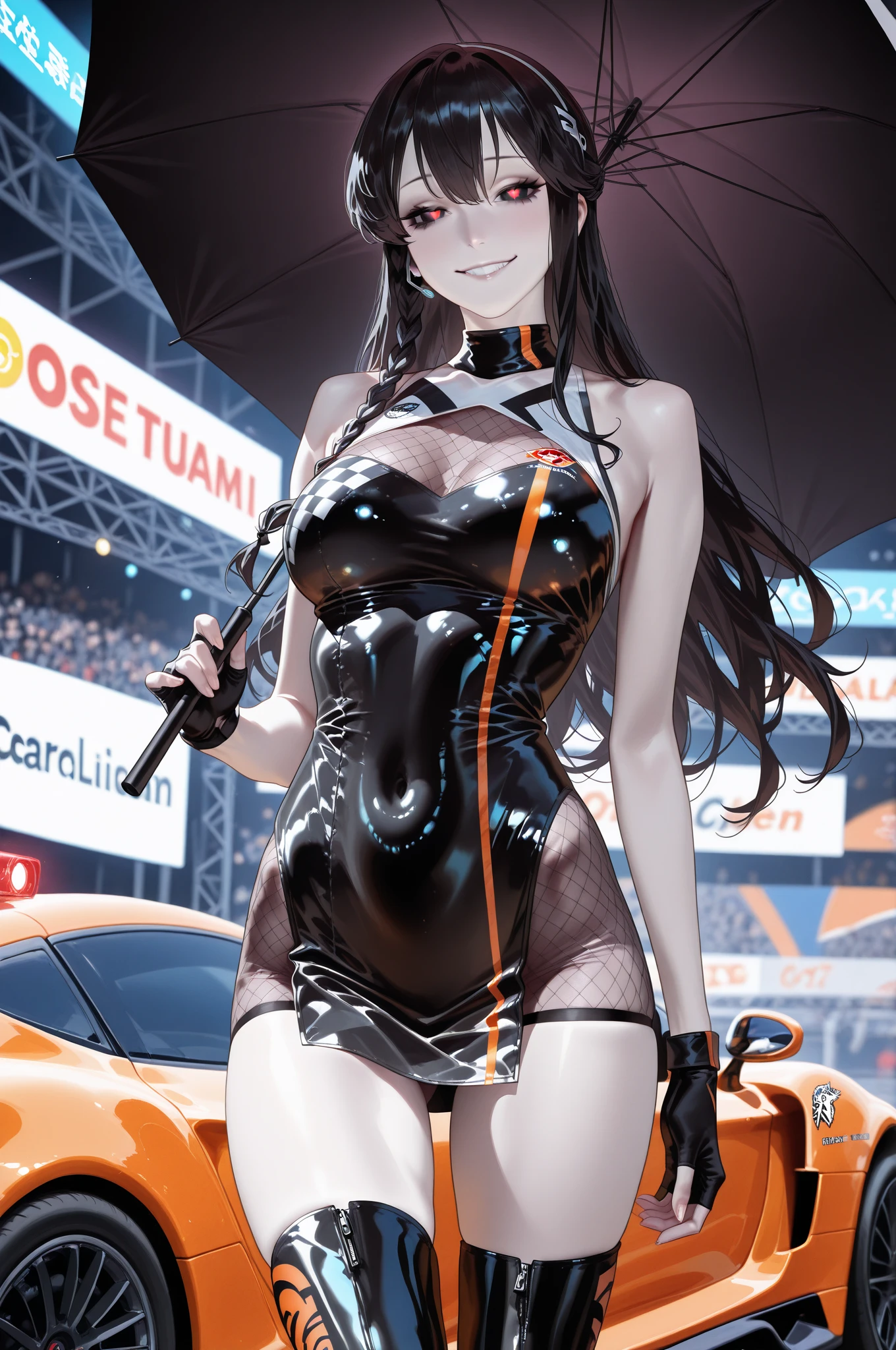 a woman wearing a black race queen uniform with gold details, black boots, big breasts, smiling, red horns, yellow eyes, black hair, long hair, bangs in the eyes, standing in a race car parking lot, at night, illuminated place, next to a black racing car with gold details,UHD , prime work , accurate , anatomically correct , textured skin , super details , high quality , best quality, 8k, high resolution, bokeh effect. (woman alone),