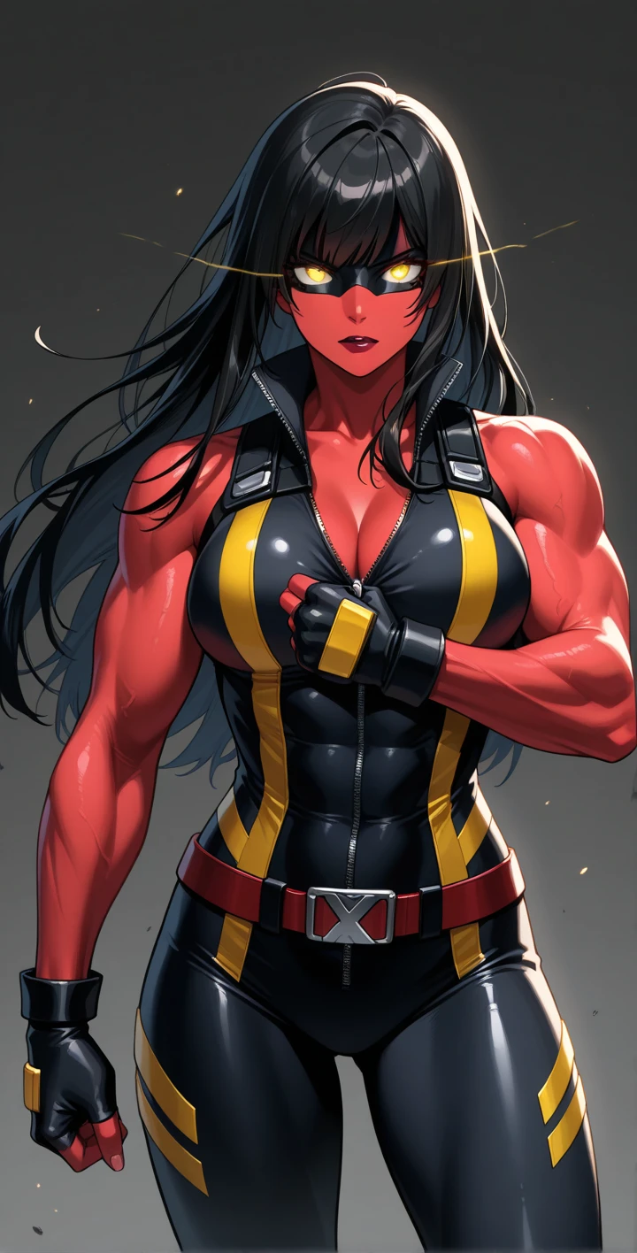 1girl, red skin, muscular athletic, long black hair, black leotard, black boots, breast cleavage, black pants, belt, ahegao