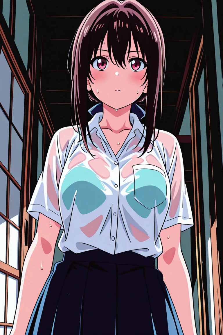 Crying girl with black bob hair、clear、Upper body naked、Nipples are erect、Pale pubic hair、Floral Panties、Checked Skirt、The moment a naked middle-aged man rapes a woman while standing、whole body、classroom、Shyness、resistance、fear