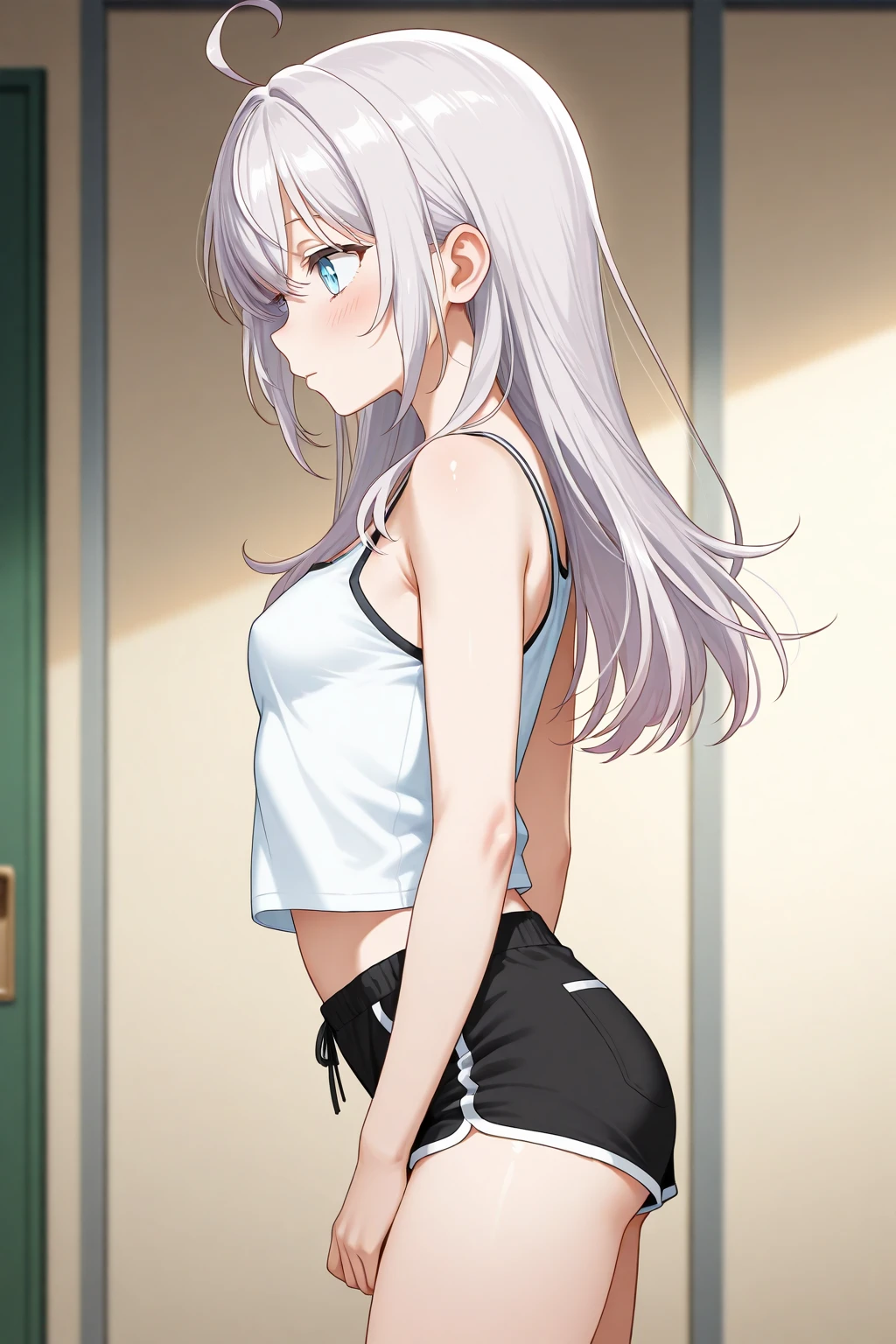 NSFW(Highest quality:1.5, High resolution, 超High resolution, 4K, Detailed lighting, Shaders)(masterpiece:1.2), Very detailed, destiny/Background of the stay, indoor, Illyasviel von Einzbern alone, Cowboy Shot,Long Hair, Gray Hair, Red eyes, Sports bra with a small area Latex shorts