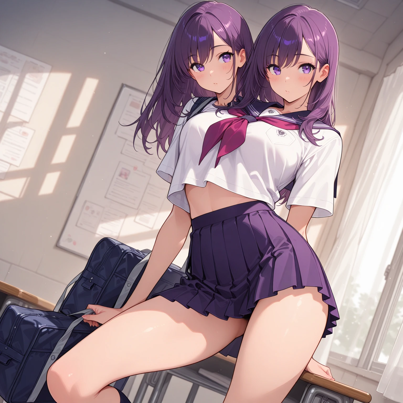 ((2 girls))、laughter、blush、shirt、のskirt、、((fun!))（small breasts）、chiralism、hair、()、(黒いskirt:1.3)、bow, button, 襟の付いたshirt, long sleeve, マイクロskirt, プリーツskirt、(Jacket)、 skirt, socks, thighs, 白い shirt, ((classroom:1.5))，(skirtを掴む:1.5)、 (perfect hands, perfect anatomy),cowboy shot、(skirt lift:1.3),(highly detailed white panties:1.3)、(highly detailed panties:1.3)、、(skirt that rolls up:1.3)、(fully exposed panties:1.5)、
