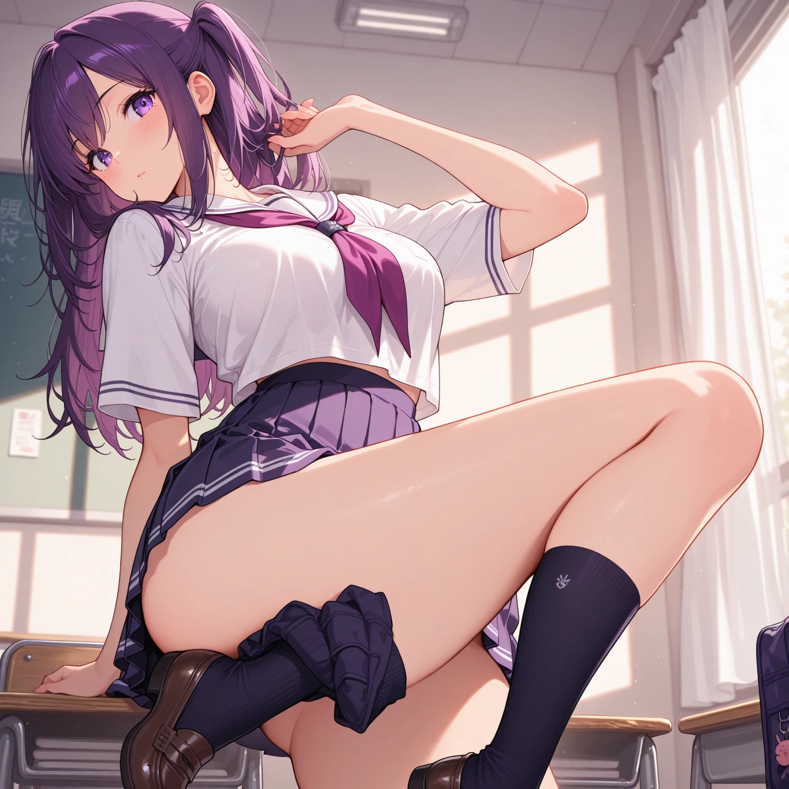 Glasses、back view、Tank top、mini skirt、(((Panty shot)))、、beautiful girl magician、purple hair long、((whole body))、(((photo taken from below)))、indoor