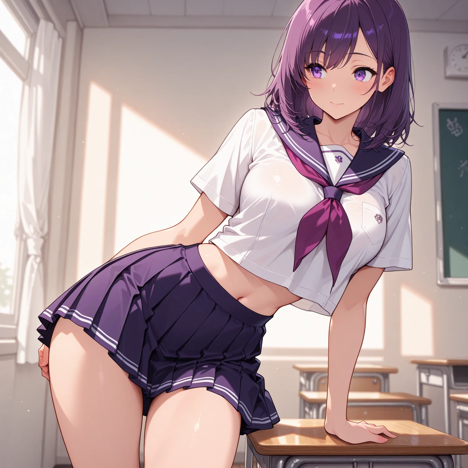 A woman, athletic body, perfect body, tabby body, purple hair, purple eyes, ponytail style hair, school uniform, inside the classroom