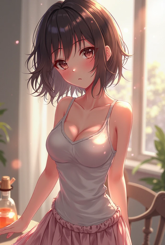 (Tabletop、Highest quality, High resolution,  Masterpiece, 4K), (Luxury hotel lobby、Very bright room、Strong light from the front、Luster of hair、Beautiful eyes、Full body photo)、young woman、The whole body is visible、Peering lovingly at me ((Soft wavy short hair、Shiny chestnut hair)), ((Wistful eyes、Gray Eyes, Long eyelashes)), ((Light on the face、Detailed face, blush:1.1)), ((Smooth texture:0.75, Realistic texture:0.65, Realistic:1.2、Anime CG Style)),Medium chest、valley、Dynamic Angle、A body with just the right amount of flesh、(Sexy thighs、I see beautiful legs)、Random color open neck T-shirt、Skirt in dark colors、Cute Earrings、i want to kiss you、Embrace yourself、Angle from below