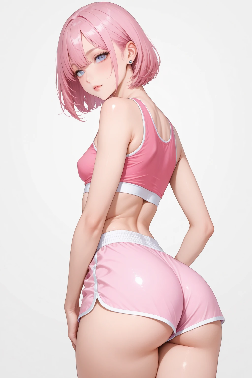 masterpiece, best quality,anime style, 1 girl,(((slender body))), (((small eyes,small breast))),(((athlete suit))), (beautiful face), (((short hair))), (((straight hair))), ((((pink hair)))),detailed beautiful skin, (perfect hands, perfect anatomy),scream
