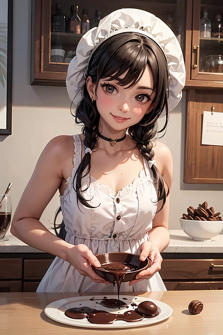 a closeup portrait of a playful maid, long black hair, natural, apron, amazing body, pronounced feminine feature, kitchen, [curly|black hair], freckles, smiling to the camera