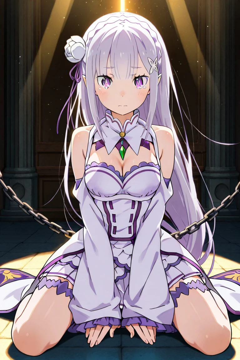 1girl, perfect anatomy, correct anatomy,
best illustration, masterpiece, best quality, (anime screencap:0.8), (official art:0.7), detailed beautiful face and eyes, long hair, low-tied long hair, braid, crown braid, animate, anime keyvisual, white hair,
(purple eyes:1.2), (beautiful detailed eyes:1.6),
looking at viewer,
pointy ears,
pink lingerie,lace-trimmed bra, (garter belt:1.3), thighhighs, cleavage, side-tie panties,(special occasion thong panties:1.3)
,armpits,from below,
flower, hair flower, hair ornament, hair ribbon, white flower, x hair ornament,
background of indoor, nsfw,