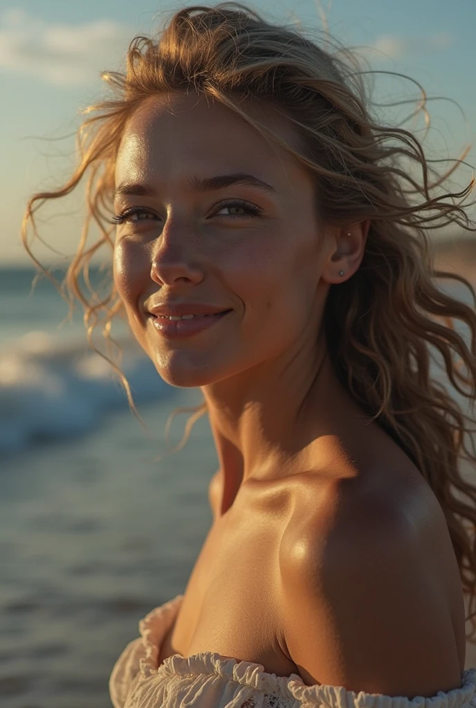 Close-up face photo, pussy focus, Nicole Aniston, completely naked, swimming in the ocean, looking at the viewer, seductive smile, dawn, sunlight passing through her hair, bokeh depth of field