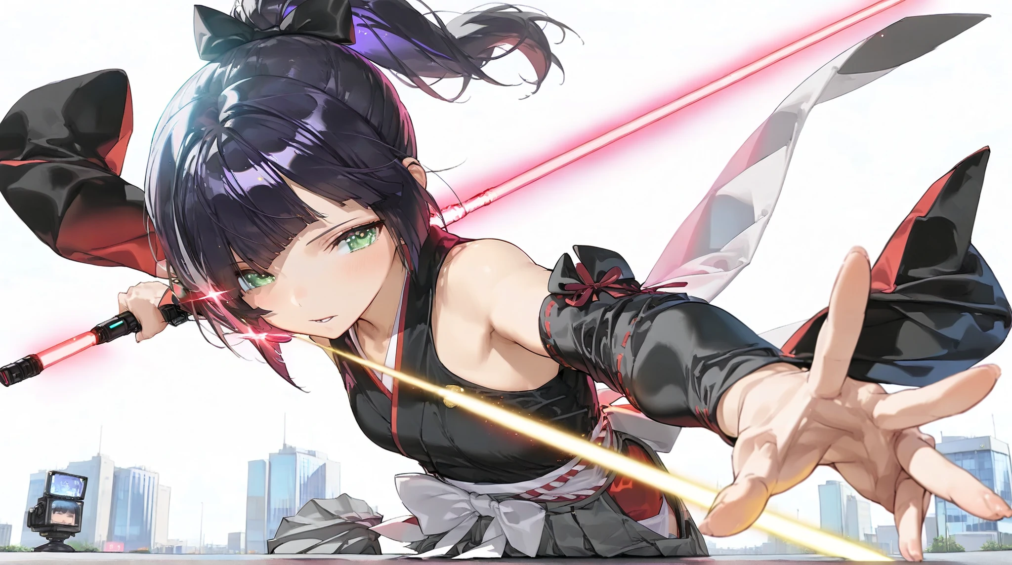 ((White background:1.4))Battle Shrine Maiden(high resolution masterpiece, high resolution, High Accuracy in Selection, high resolution, top quality:1.2) (Cook Hold Subjective(masterpiece:1.5)super definition, high resolution, 8k) middle ponytail, diagonal bangs, hair covering eyes:1.3, Beautiful green eyes, middle ponytail, Blue droopy eyes, small breasts, Japanese shrine maiden uniform, (Full Body, FIT THE SCREEN) action pose, Futuristic lightsaber, lightsaber has glowing wires, dark purple sickle, neon laser blade sword, fantasy shot with a mirrorless camera,Sparkling Highlights, small breasts, ((modest gray small sleeve, modest black hakama)), Bare Shoulders, close-up, upper body, shining eyes, outstretched hand, futuristic city background