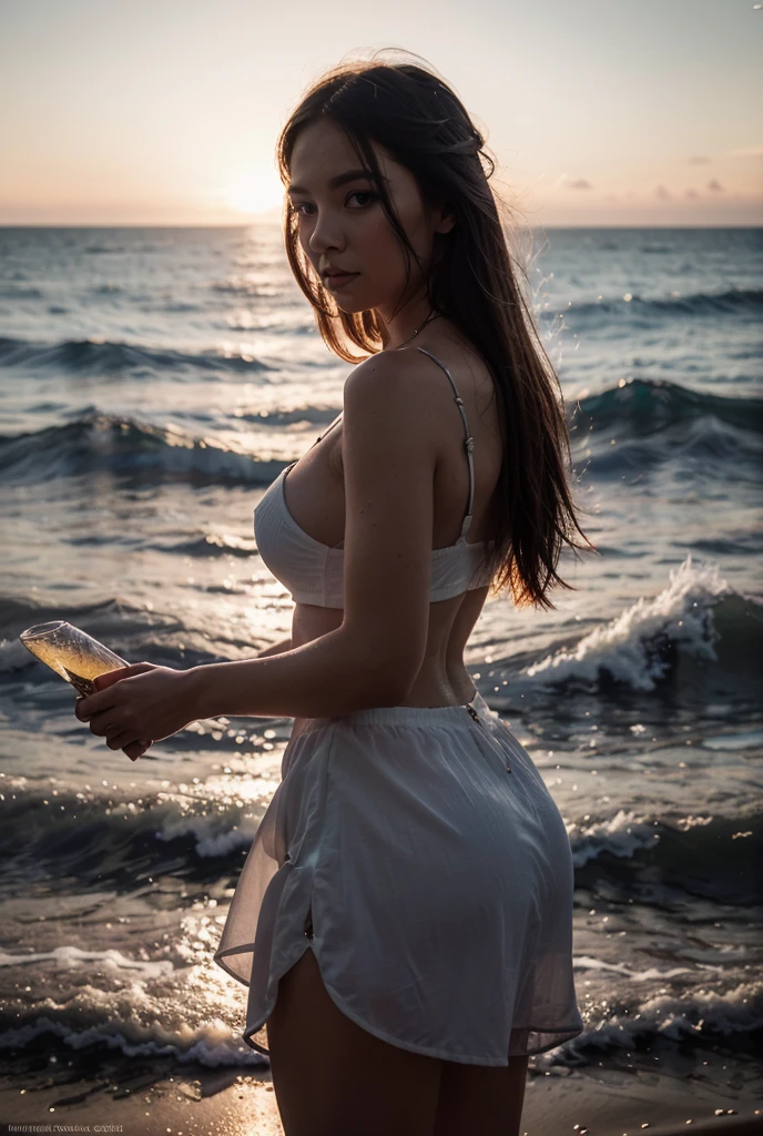 only one beautyful young women, in a beach, with an drink in his hand, nude, ultrarealistic, full body, photography, the setting sun in the background