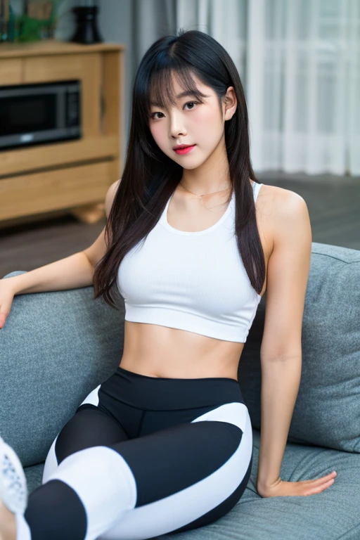 (8K), (highest quality: 1.2), (realistic), (realistic: 1.37), ultra high resolution, (1 girl, cute, smile, closed mouth, thick lips,red lip,beautiful details, beautiful nose, (straight black hair), smooth hair,giant dulcefo,(sports bra),(Yoga Shorts:1),(Natural knee-high socks),Model poses at the motor show,(Medium Shot:1.2),close up on face,From above,cleavage