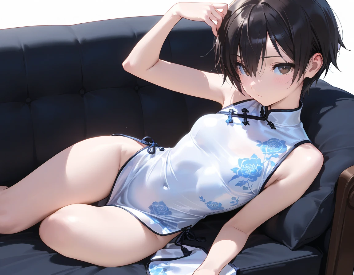 16k works,Highest quality,18-year-old,No background.White background only,whole body,sexy, One person, Beautiful Face,, Symmetrical eyes, Perfect body, Good balance、 Perfect body、 cheongsam dress、No sleeve、Short length and deep slits、thigh_gap, black、squat, Spread your legs