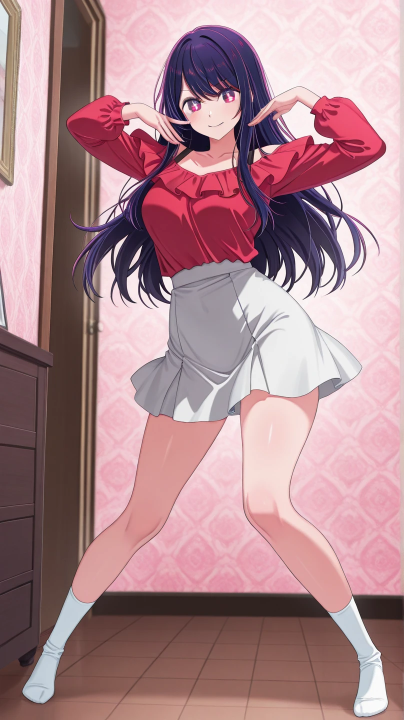 <lora:kuroda-30:1>long hair, lying, on bed, camisole, pleated skirt, spread legs, barefoot, smirk, smug, blush, masterpiece, best quality