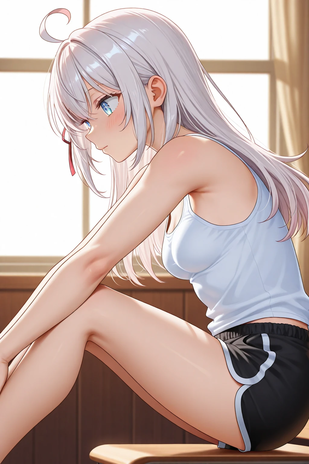 akushizu_style, blue eyes, hairclip, Expressiveh, 1girl, solo, long hair, high ponytail, ???????, pink camisole, silver hair, forehead, short shorts, thighhighs, cleavage, small ???????, hair bow,  score_9, score_8_up, score_7_up