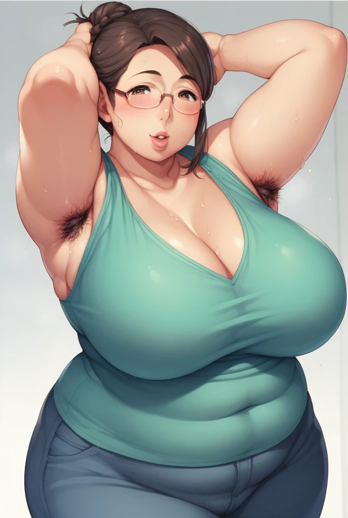 Ultra-detailed, 8k, Best image quality, Digital Illustration, Super Resolution、Sharp focus,((Enchanting anime girl, alone:1.3))、((Being in the night pool:1.2))、((Captivating smile:1.2))、((Slingshot swimwear:1.2))、((High leg))、arms behind head,squatting,((open legs:1.3)),((Crotch close-up))、((From below:1.2))、Looking down at the viewer、Brown long hair, Brown eyes, Green glasses,heart shaped pupils,Sunburned skin,((Huge breasts:1.3))、((Cleavage))、beautiful breasts,((Huge hips:1.4))、beautiful ass,((Thick thighs))、sweat,Wet, Smooth texture、Glossy and realistic skin texture、Glowing Skin,