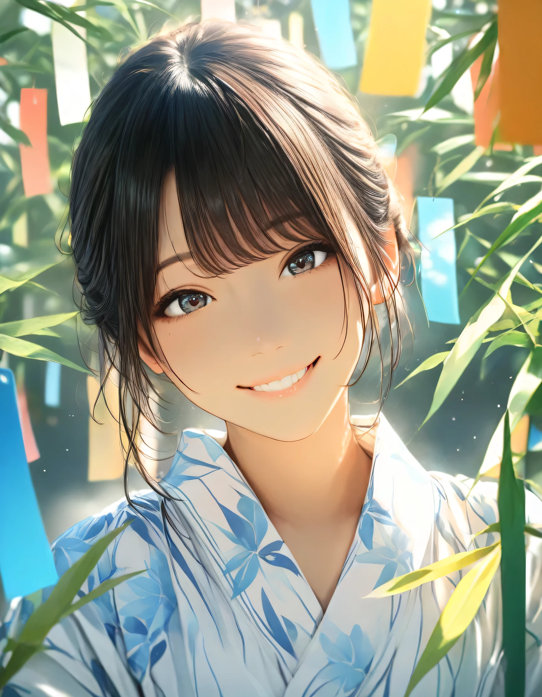 1girl, year 2019, upper body, summer, Tanabata, Yukata, smile, masterpiece, High score, GReAT SCore , absurdres, 16K, Ultra detailed, (Photorealistic : 0.5)