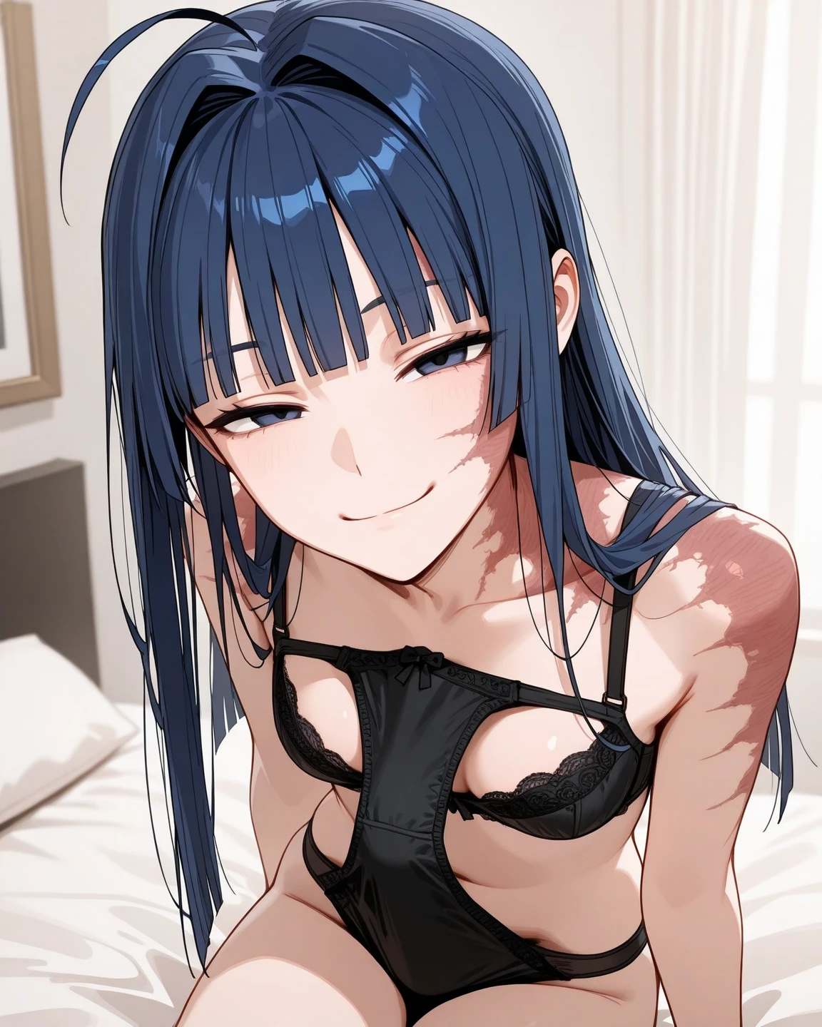 best quality, amazing quality, very aesthetic, absurdres, 1girl, aris (blue archive), blue archive, blue eyes, bra, panties, (artist official art:1.5), (realistic face), (narrowed eyes), (cowboy shot), (mouth, tongue, saliva, bed, tongue out), concept art, expressive eyes, perfect face, 4k, extremely detailed anime illustration, extremely detailed eyes, enhanced details, perfect anatomy, light rays, photo background, extremely delicate body, smooth skin, feminine expression, black background, black background, cristal clear eyes, beautiful face,