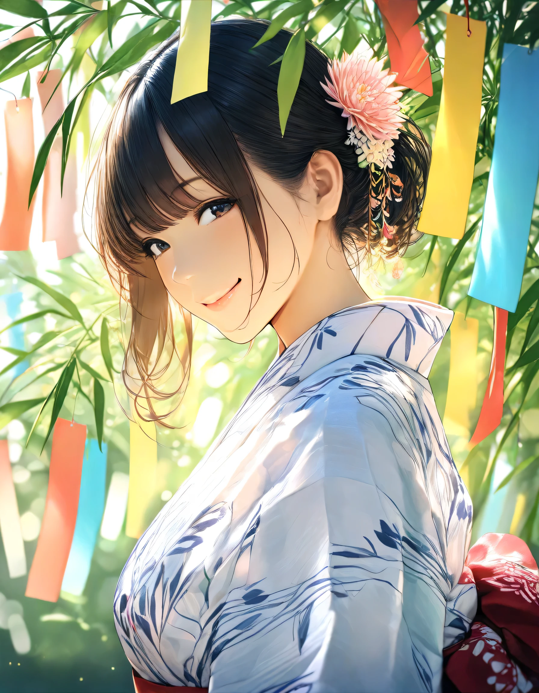 1girl, year 2019, upper body, summer, Tanabata, Yukata, smile, masterpiece, High score, GReAT SCore , absurdres, 16K, Ultra detailed, (Photorealistic : 0.5)