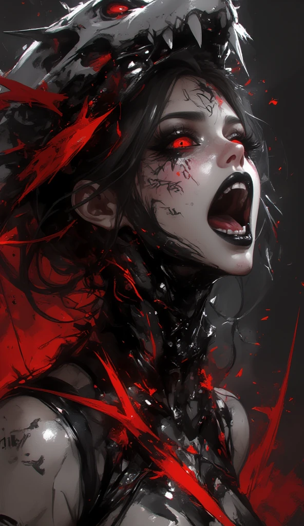 (beautiful girl face:1.45), megan fox as a vampiric muscular red carnage, (mouth wide open with tongue out:1.25), (red carnage anatomic muscular bio-mecha muscle suit:1.25), (body totally covered in muscles, veins, tendons), (perfect muscular anatomy),