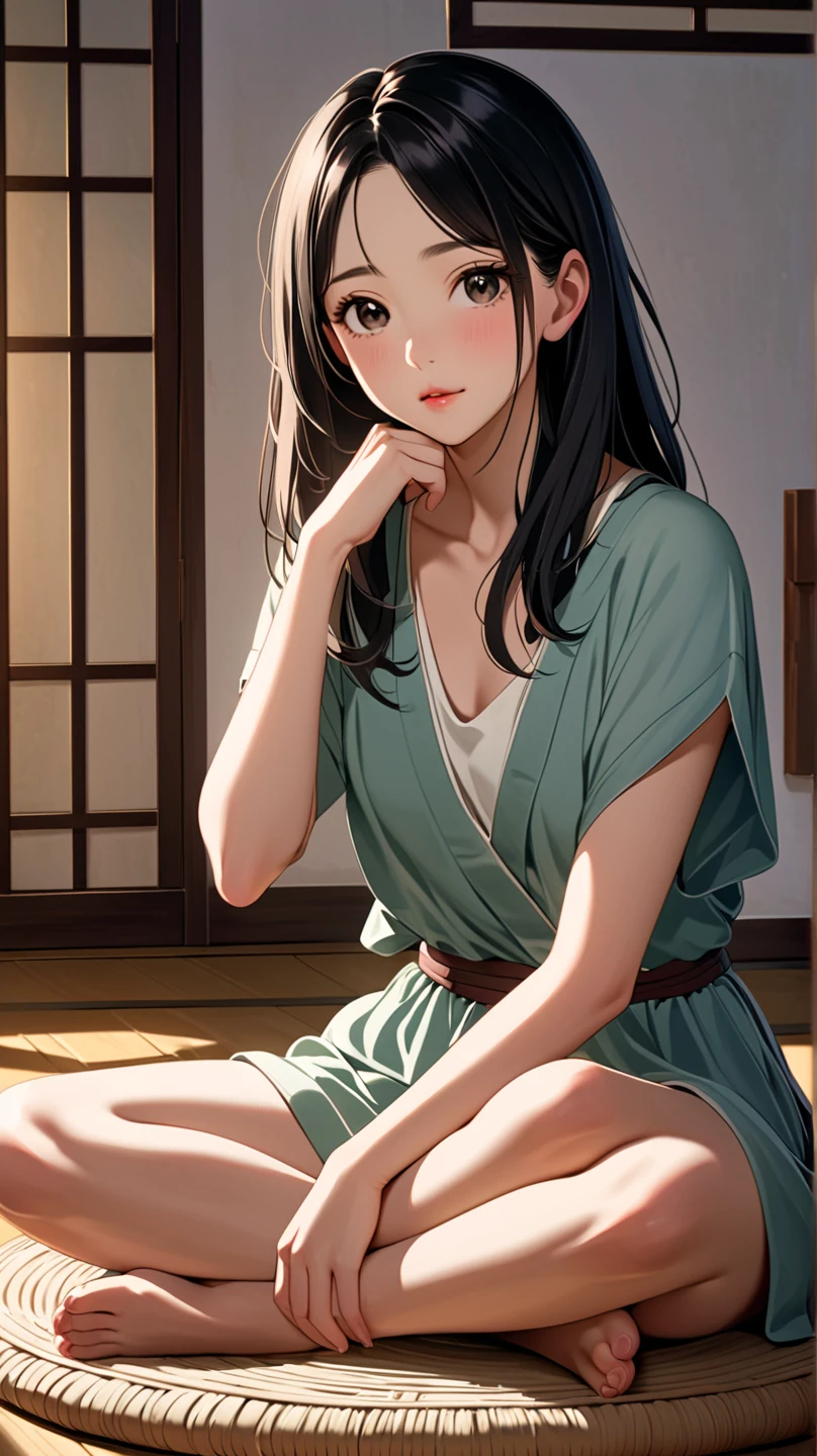 (best quality,4k,highres,masterpiece:1.2),ultra-detailed,(realistic,photorealistic,photo-realistic:1.37),beautiful detailed eyes,beautiful detailed lips,extremely detailed eyes and face,long eyelashes,1girl,A woman standing on a mat in a room with an anime scene,Geike Mieri,anime girl squatting,in a dojo,relaxed style,reincarnated as a slime,anime scene,animated still frame,TV anime still shot,anime movie screenshot,Ren Ikaruga,Kyoto Animation style,illustration,anime drawing,3D rendering,natural lighting,vibrant colors,soft shadows,traditional Japanese interior design,sliding doors,wooden floor,tatami mat,potted plants,shoji screen,golden evening sunlight,peaceful atmosphere.