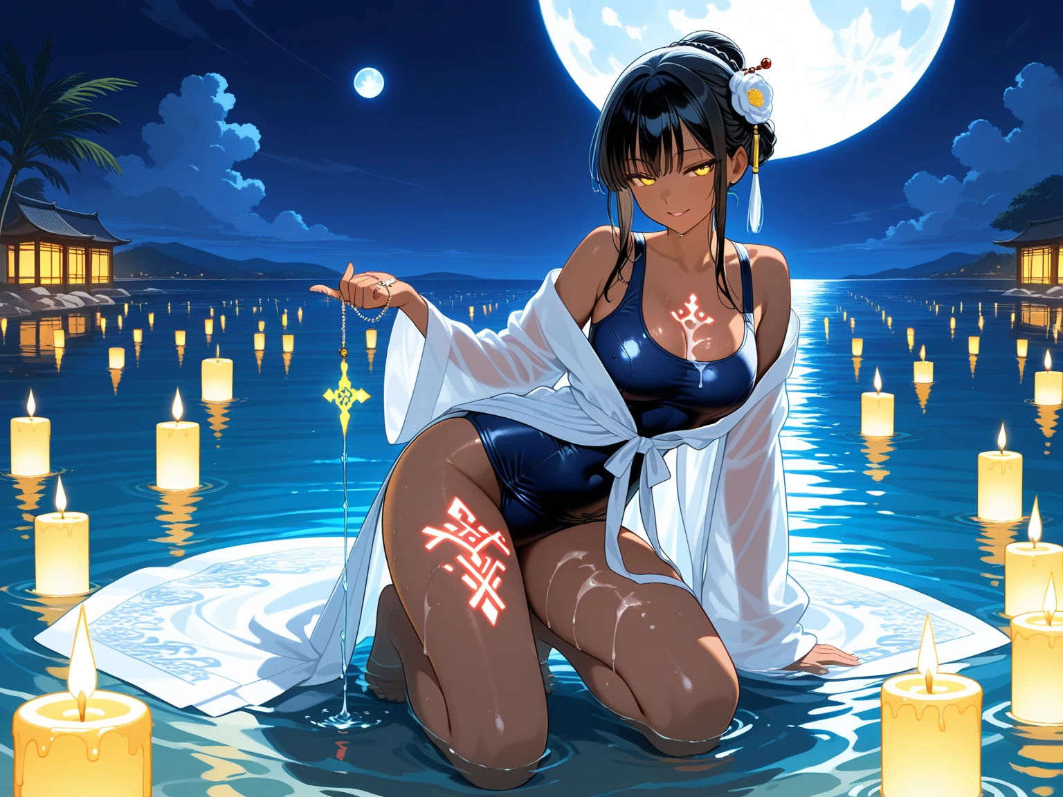 (looking back at the viewer),full body,low angle,from below,(looking back at the viewer),♥(one piece swimsuit),((1girl,cute,young,Semi long beautiful black hair,blunt bangs,beautiful green eyes)),(solo),((masterpiece, highest resolution,best quality)), ((realistic:1.5,Beautiful girl RAW photo)),(White figure skate costume), (bathing in the spa,flat sitting in the water), (looking at the viewer), innocent smile,cinematic lighting,beautiful outside open spa, rocks,natural beauty,full moon,night sky