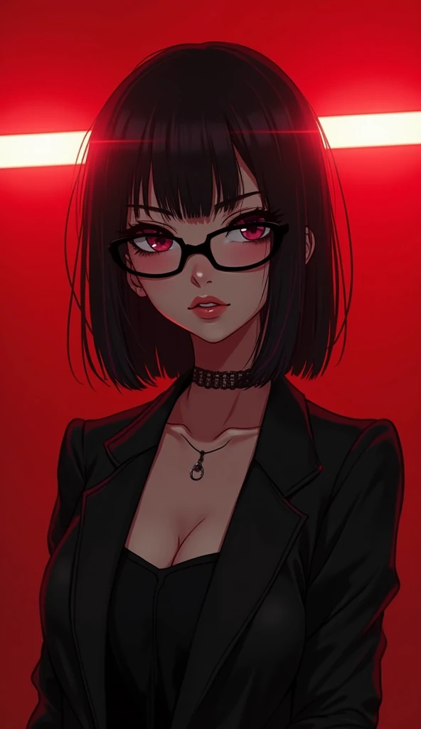 20 years old Anime girl with black and pink hair, wearing pink tuxedo and black shades, black background