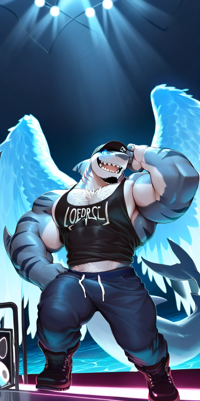 Hyper is a bouncer shark at an underwater !  Solo, alone, A big dumb hunky jock shark who wears a baseball cap whose rim covers his glowing eyes and looks tough! Muscular , black muscle tank top with the word "OBEY" inscribed in white over the  in front and shoulders on back, tough and stupid while on guard duty, daytime , ocean island bar, front view, low angled view, best Quality, high quality, ultra high resolution, Fine Eyes, gills, Exquisite Face ,  stage performers, handsome, Chest muscles,  hair, Abdominal muscles, tight blue jeans, caustic water effects, neon lights, underwater bar, null-ghost,Takemoto Arashi, Sexy, Muscle Development,  hair, Abdominal muscles, boots, Hyper from visual novel "Wolfstar: Sins and Paradise".  Hyper from Wolfstar: Sins and Paradise the visual novel score_9, score_8_up, score_7_up, Best Quality, high quality, Ultra High Resolution, fine eyes, exquisite face, shark, , muscles , Muscular development , muscle line, Thick Muscle , smooth shark, short spiky black hair,  hair, shark head, ultimate warrior pattern facial fur, intense glowing Blue Eyes ,handsome, Spectacular, fine eyes, strong jawline, short black goatee, shark tail, Five-Toe , smooth ,null-ghost,Takemoto Arashi, bara pecs, focus on pecs, muscles, muscular male), set of giant light blue angel wings, Highest Quality, 4k, masterpiece, solo, Amazing Details, highly detailed face, no defects, solo, alone, no watermark, no defects, no watermarks, perfect hands.  Dazzling lights, special effects, stage show, Amazing Details, highly detailed face, no defects, no watermarks, perfect eyes.