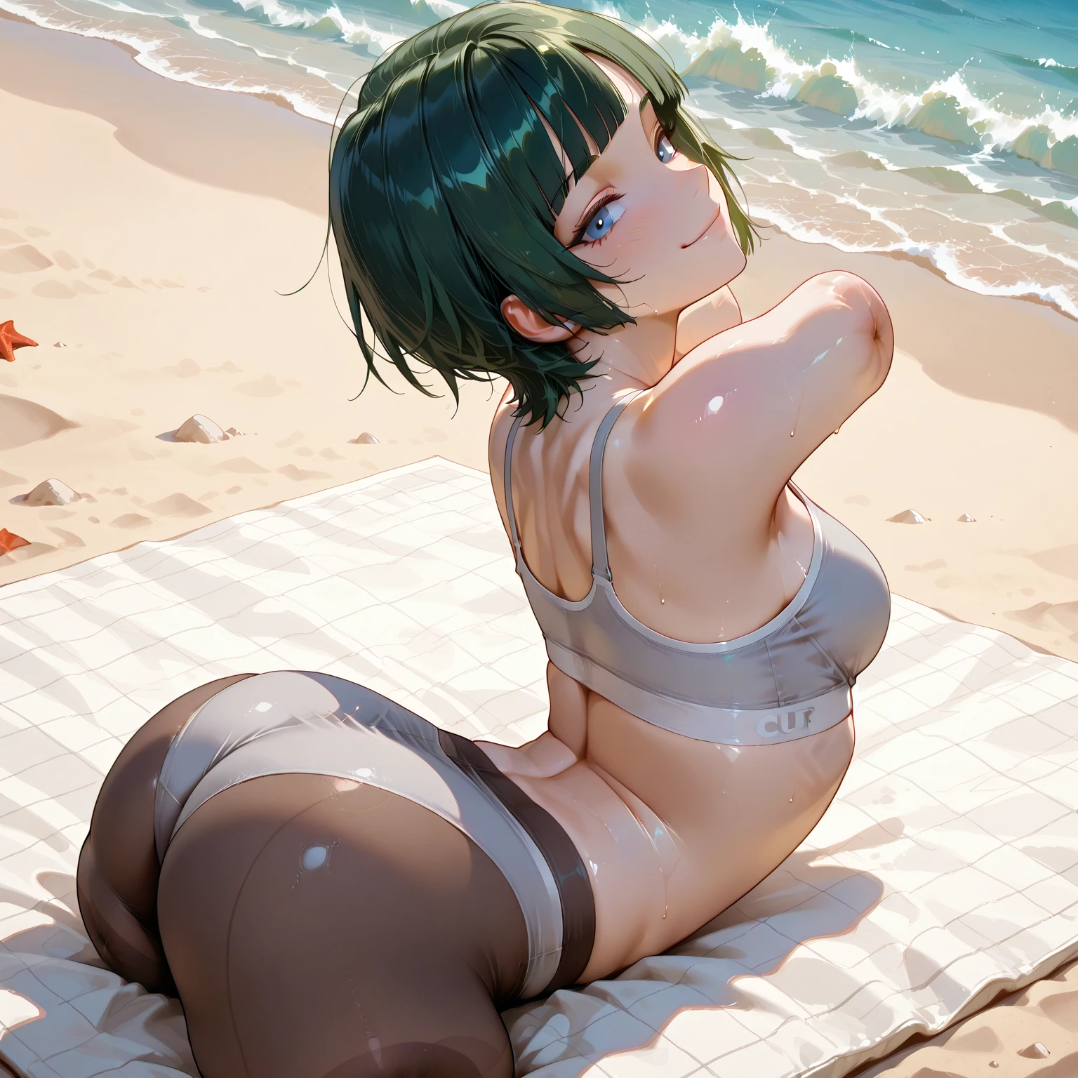 (obra maestra, Vibrante escena de playa:1.2), (Tatsumaki:1.5) , (Enjoying a sunny day:1.1), (con un bikini blanco de tanga:1.4), (Well-endowed bust and fusion of curves.:1.4) , (cuerpo proporcional a pesar de su baja estatura:1.1), (Photograph taken from behind to highlight your buttocks..:1.5) , (Slowly turning to look at the camera..:1.2), (playful expression:1.1), (capturando su belleza y confianza:1.1), (Ambiente junto al mar:1.1), (Refrescantes olas del mar:1.1) hiperdetallado, detalles locos, bellamente graduado de color, motor irreal, DOF, super resolution,megapixel, cinematic lightning, antialiasing, FKA, TXAA, RTX,SSAO,Procesamiento posterior, Post-production, Mapeo de tonos, ..cgi, efectos visuales, efectos de sonido, incredibly detailed and complex , Hiper maximalista, hiperrealista, volumetic, fotorrealista, Ultra Fotorrealista, ultra detallado, Detalles intrincados,8K, super detailed , a todo color, Volumetric lighting, HDR, realista, motor irreal, 16k, sharp focus. Renderizado de octanaje