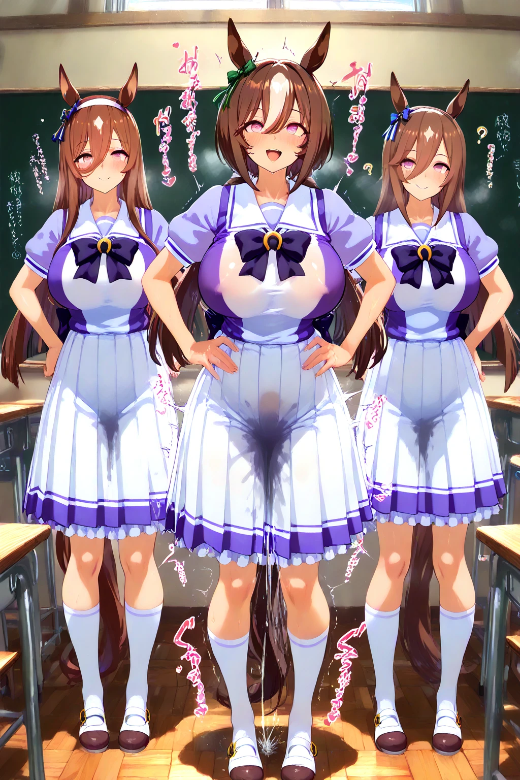 Her hair is tied up and placed over her shoulders in front of her chest brown hair, hair ornament, hair scrunchie, brown eyes, bow, bangs, hair bow ,, large breasts, live stage, solo nipple, naked, Peeing, lactation, projectile lactation,  , Sweating profusely, Love juice, Wet Woman,  female ,