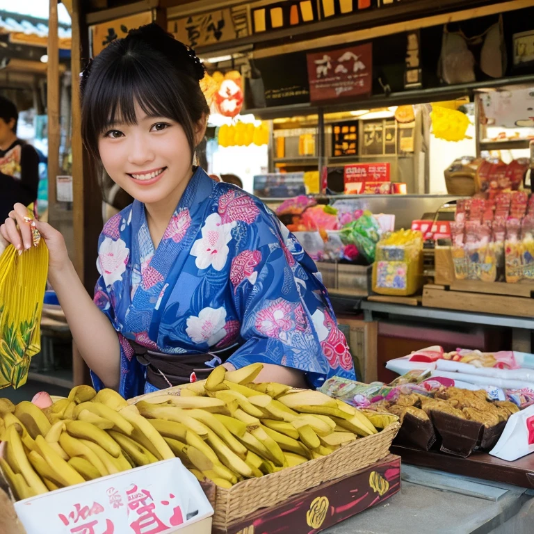 Beauty、Cute person、beautiful、Young face、Detailed face、Summer festival、Takoyaki、night、Holding a fan、smile、Lined with food stalls、Has bangs、whole body
