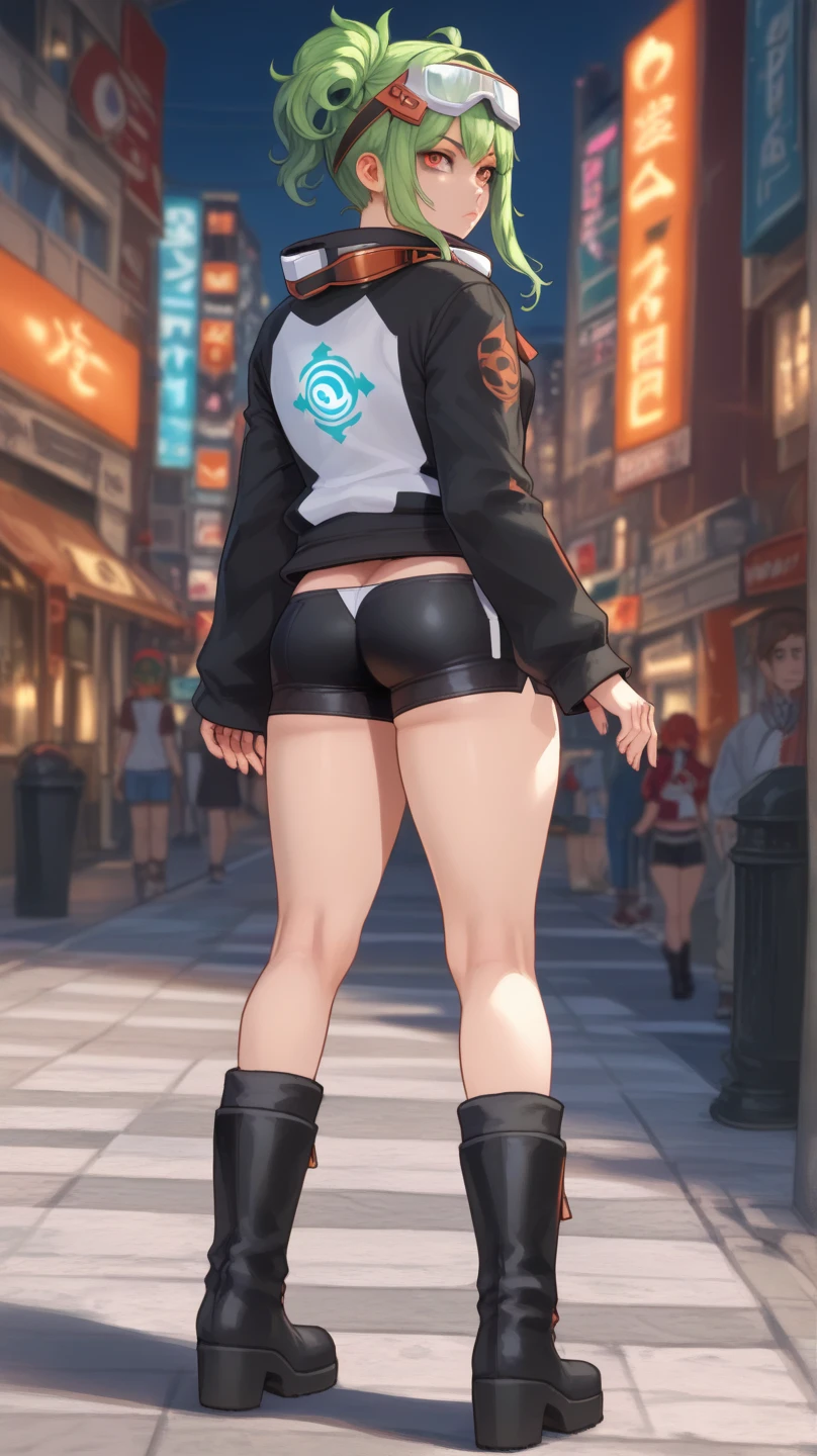 (masterpiece, top quality, best quality, highly detailed:1.2), colorful, 1girl, solo, photo of a sexy woman standing seductively on the street corner in a wet diaper, outdoors, standing ,pee stain, diaper, wet diaper, wetness indicator, stockings, pantyhose, red biker jacket, revealing white crop top, thigh high black boots, golden braclet, smirking, black hair, green eyes, night, city, neon lights, bronze skin, large breast, red lipstick