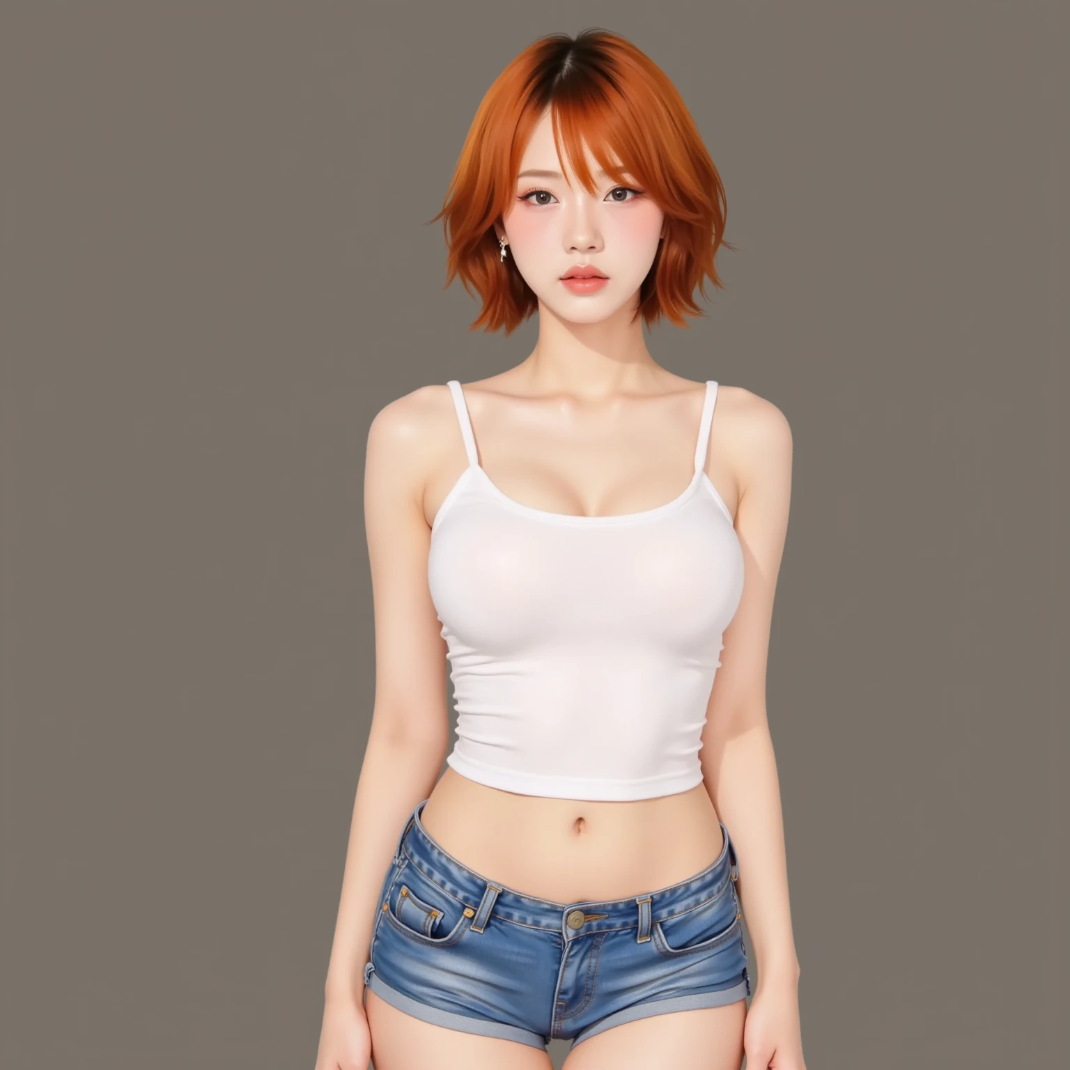 ((best quality)), ((masterpiece)), (detailed), perfect face, short hair, curly hair, ginger hair, large hips, big butt, thick thighs, bunny ears, pink eyes, overhals, short tight shorts, thigh high socks