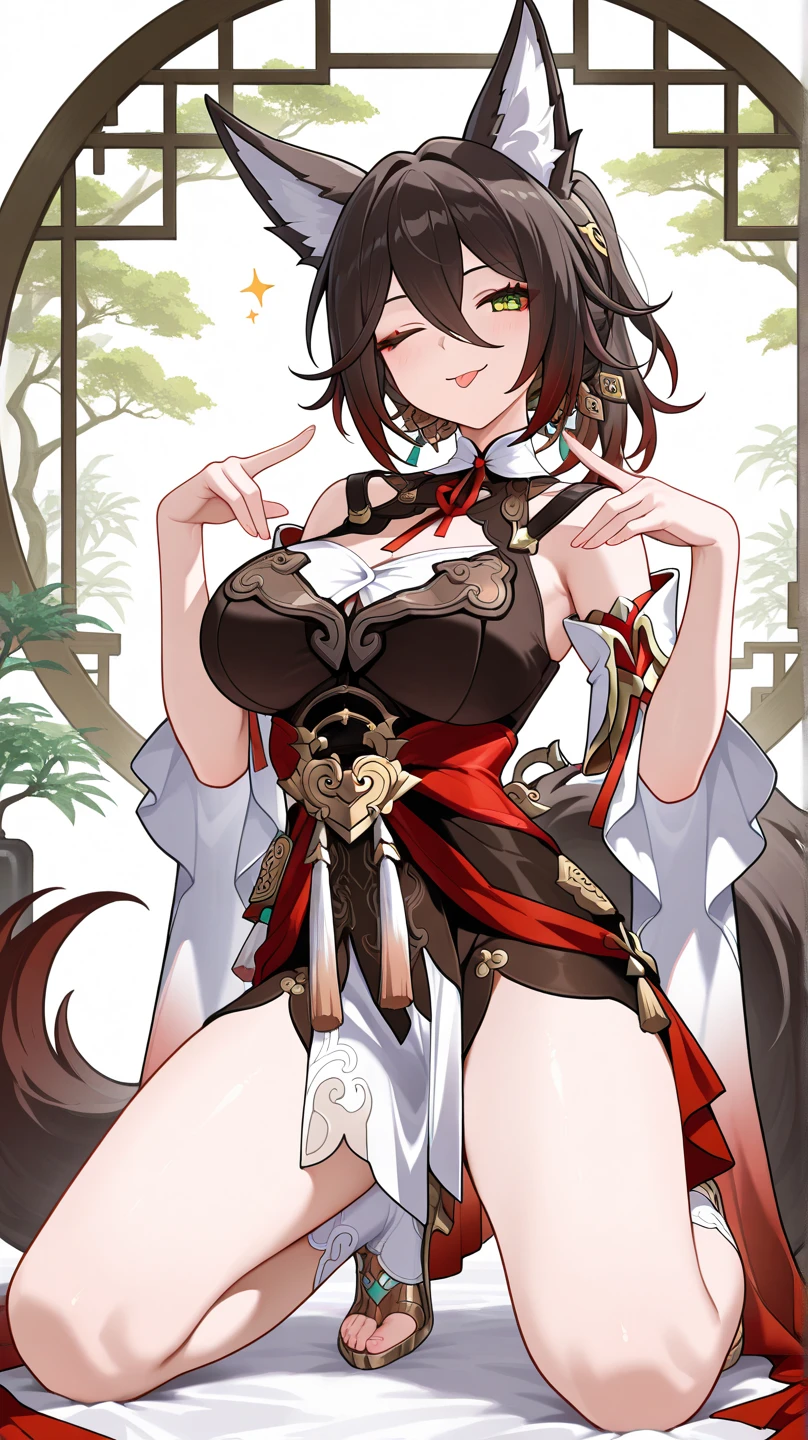 score_9,tingyun \(honkai star rail\),1girl,solo,fox girl,looking at viewer,fox tail,bare shoulders,ponytailkneeling, arms behind head, seiza,solo,looking at viewer,flower,full body,simple background,white background,score_9,<lora:pony_char_tingyun_(honkai_star_rail)-000022:1>