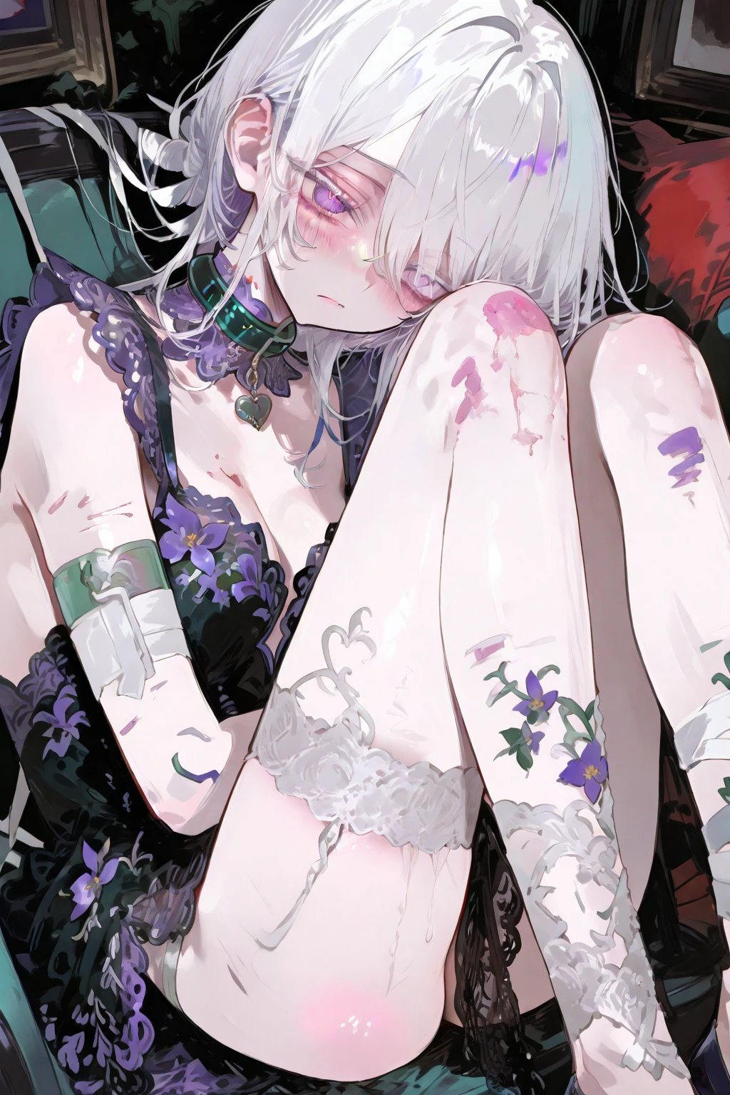 Beautiful young man, Emerald-haired, (Gray eyes)),(long hair:1.2), (Face mask:1.2),((underwear、negligee、lingerie、lace:1.2)),clear wear,(Jewelry:1.2),High quality, amount of drawing, pixiv illustration,red-cheek,(NSFW:1.0),(spread legs:1.0),close-up Face.