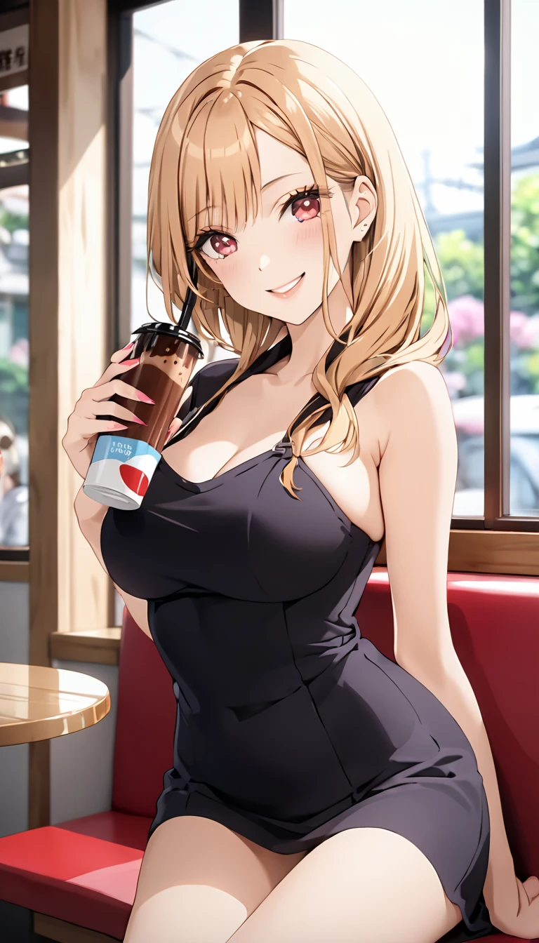 score_9,score_8_up,score_7_up,18 year old,1girl,asuna \(sao-alo\), sword art online,yuuki asuna,solo,nsfw,brown eyes, brown hair, long hair, bangs, braid,sitting,crossed legs, holding cup,seductive-smile,blush,large breasts,brown hair,parted hair,long hair,red dress,halter dress,plunging neckline,center opening,cleavage,navel,earrings,bracelet,restaurant,