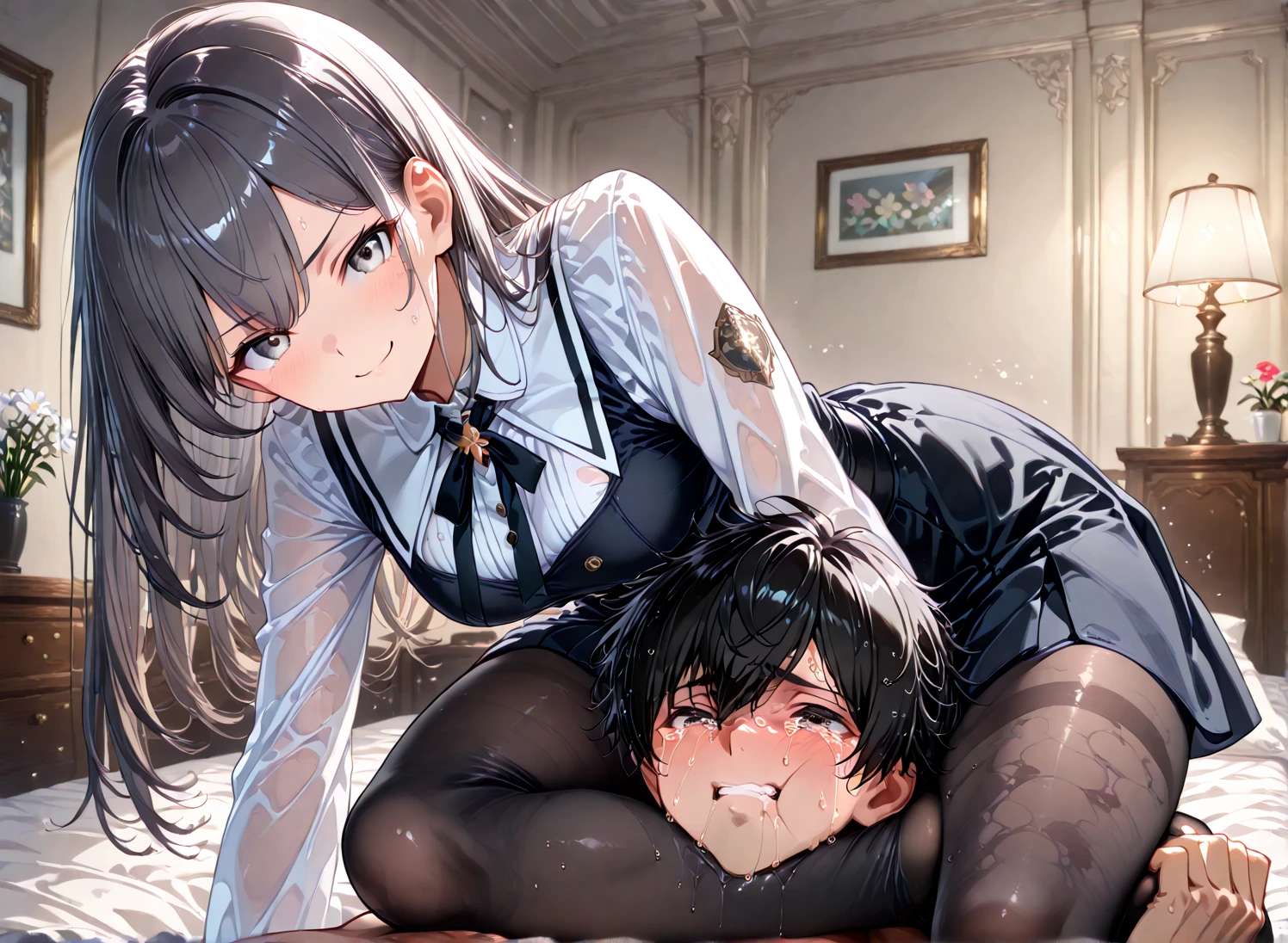 (1 boy, 1 girl), a teenage school girl in mixed bondage wrestling with a teenage boy, they are roughly the same age, the school girl is wearing a red pleaded careered skirt and a black pullover, the girl has a is a bit smaller than the boy, the girl has shoulder long hair, the boy is wearing casual clothes, teenage boy hogtied and struggling against the ropes, school girl applying more ropes to the teenage boys body, blushing boy dominated and controlled by the girl, the girl is smiling and laughing and tries to humiliate the teenage boy, the teenage boy is blushing and ashamed and is gritting his teeth, he desperately tries to break free but to no avail, the girl is sitting on top of the teenage boy to prevent him from moving and has ropes in her hands and uses them to tie up the arms of the teenage boy behind his back,the arms of the teenage boy are completely tied behind his back in lots of ropes, the girl is saying „this must be embarrassing for you“ , huge struggle, many viewers watching, wrestling ring,intricate rope work, teenage boy blushing and ashamed, dramatic lighting, highly detailed, photorealistic, 8k, masterpiece, teenage school girl vs teenage school boy, femdom, power, control, beautiful teenage girl, detailed faces, teenage boy aggresively tied up by teenage girl, lots of rope, perfect eyes, detailed faces