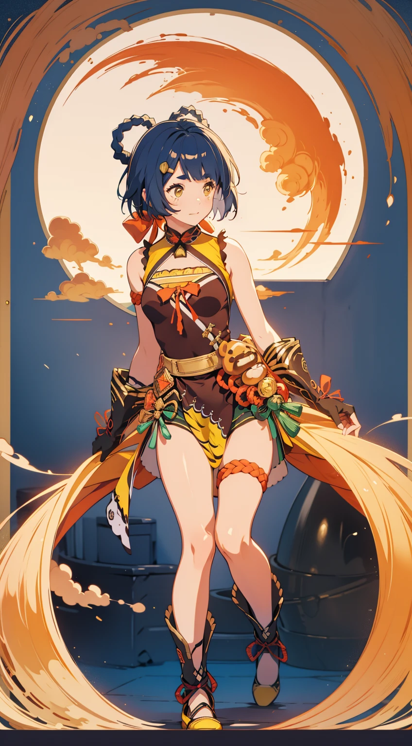 (((sly face))), calm eyes, sly smile, black hair, red-orange eyes, orange streak of hair, ((black vest)), bandage bra, (((sarashi))), sandals, middle east, open belly button, middle eastern clothes, bloomers, baggy red and orange pants, boomers, ruffly hair, open navel, (((gradient background))), exquisite lantern