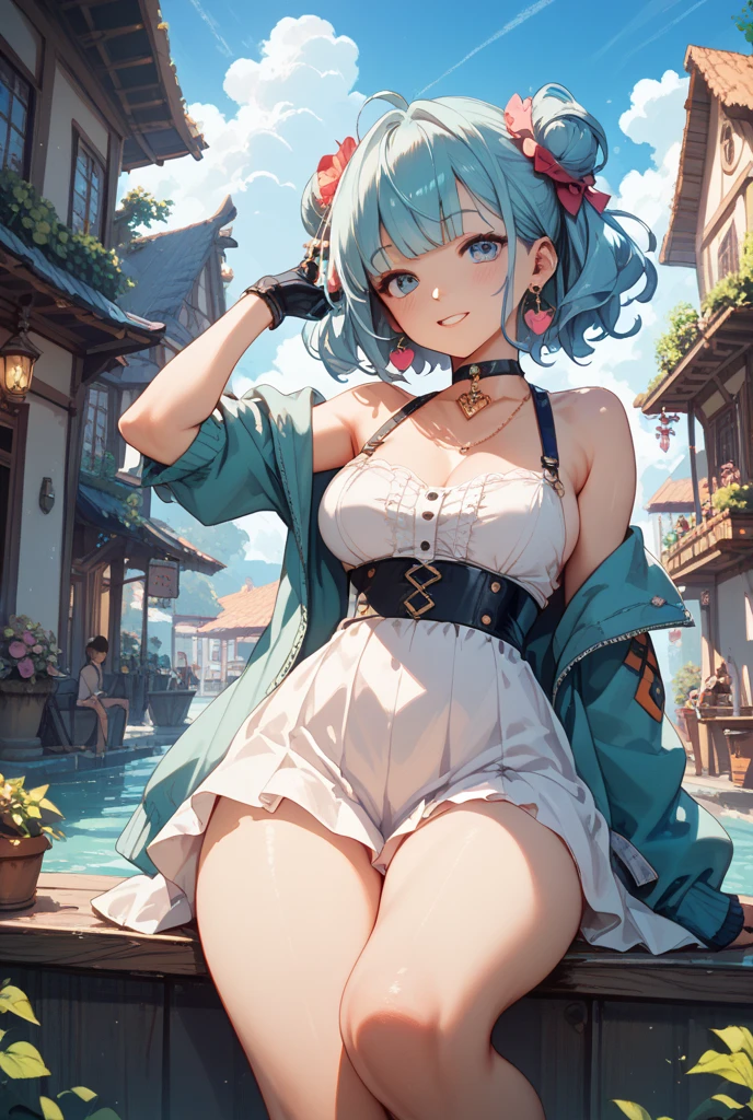 Anime Moe Art Style,highest quality,High resolution,Anatomically correct,One Girl,Mid-teens,A girl with light blue hair in a ponytail,Super detailed,Fantasy World,Off-the-shoulder tops,mini skirt,Big Breasts,A rich expression,Laughing with your mouth open,Enjoying shopping,Eyes drawn in detail,hair ornaments,necklace,bracelet,ring,8K
